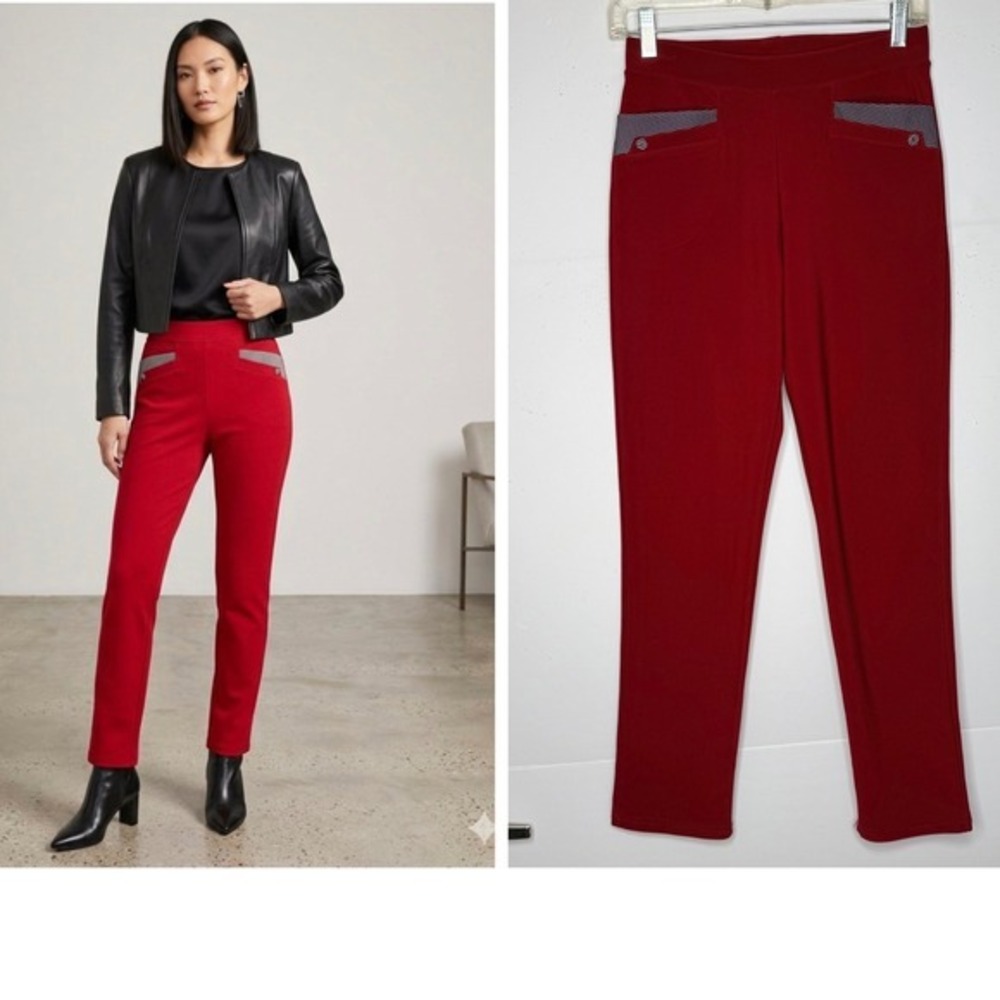 Women Slim Leg PullOn Pants 6/8 M Burgundy Check Trim Pockets Casual Preppy Work